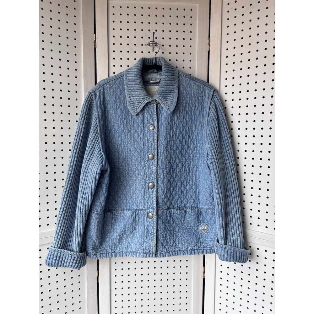 Blue Willi's Denmark Quilted Denim Jacket XL Womens Knit‎ Sleeves Button 90s VTG